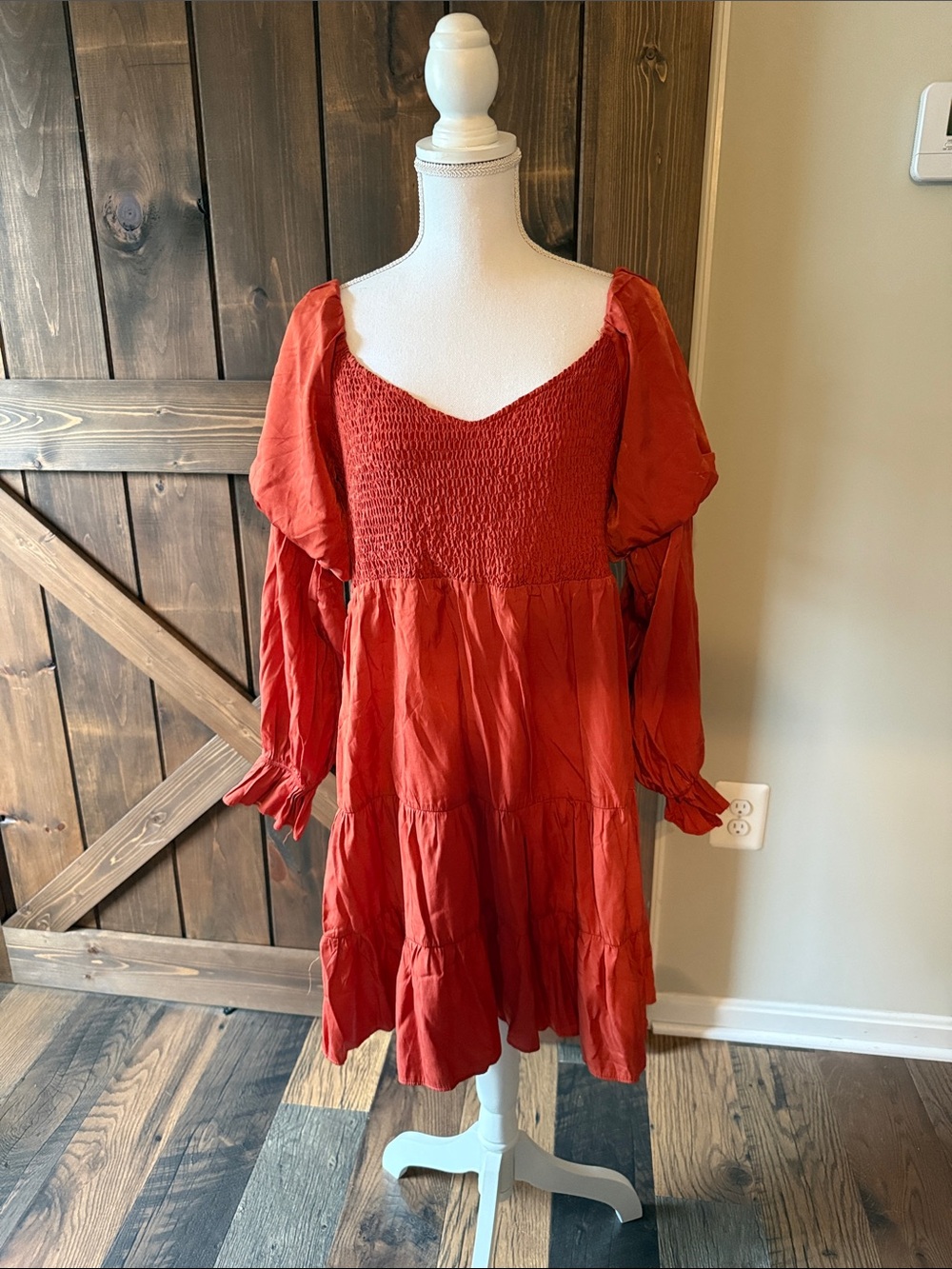 Rust Red Puff-Sleeve Smocked Mini Dress - Women
